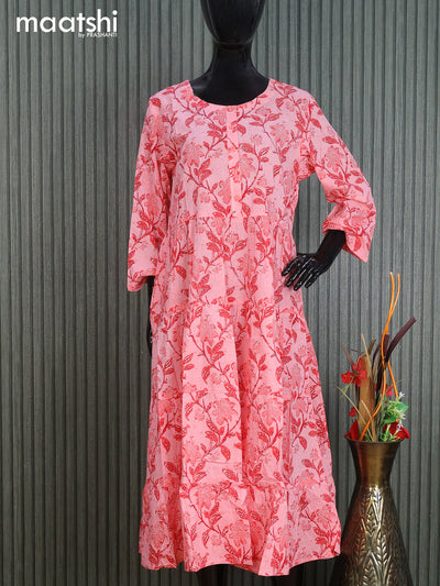 Cotton readymade umbrella kurti peach shade with allover floral prints & simple neck pattern without pant