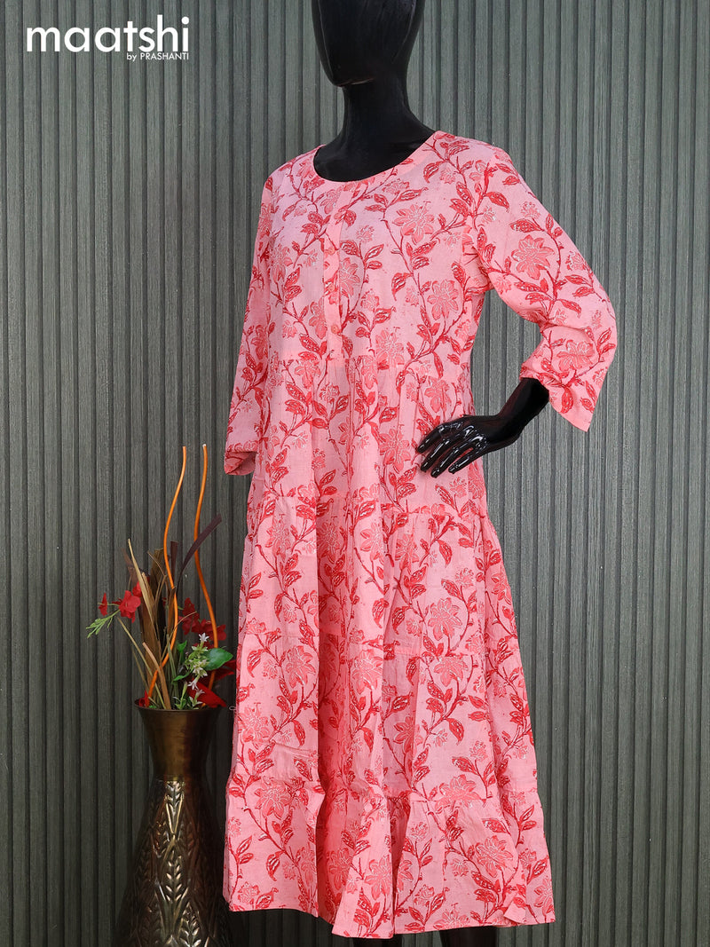 Cotton readymade umbrella kurti peach shade with allover floral prints & simple neck pattern without pant