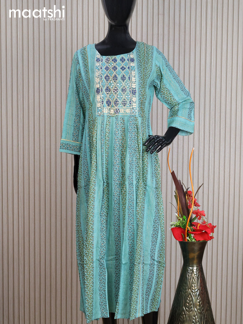 Cotton readymade umbrella kurti teal green shade with allover prints & mirror work neck pattern without pant