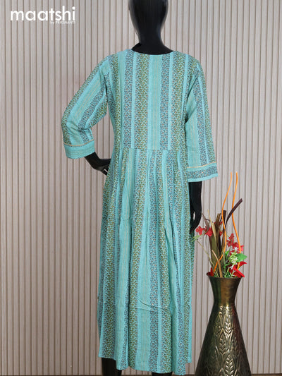 Cotton readymade umbrella kurti teal green shade with allover prints & mirror work neck pattern without pant