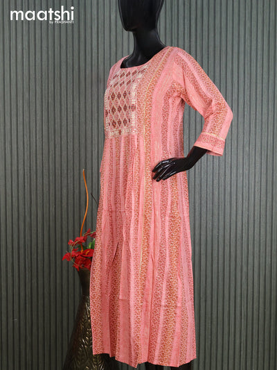 Cotton readymade umbrella kurti peach shade with allover prints & mirror work neck pattern without pant