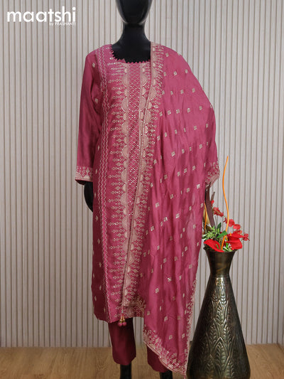 Raw silk readymade party wear salwar suit maroon shade with allover embroidery sequin work and straight cut pant & dupatta
