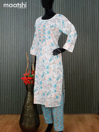Cotton readymade salwar suit cream and teal blue with allover floral prints & embroidery mirror work neck pattern and straight cut pant & dupatta