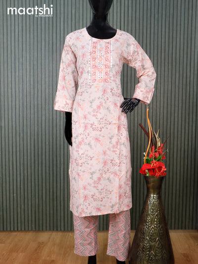 Cotton readymade salwar suit mild peach with allover floral prints & embroidery mirror work neck pattern and straight cut pant & dupatta