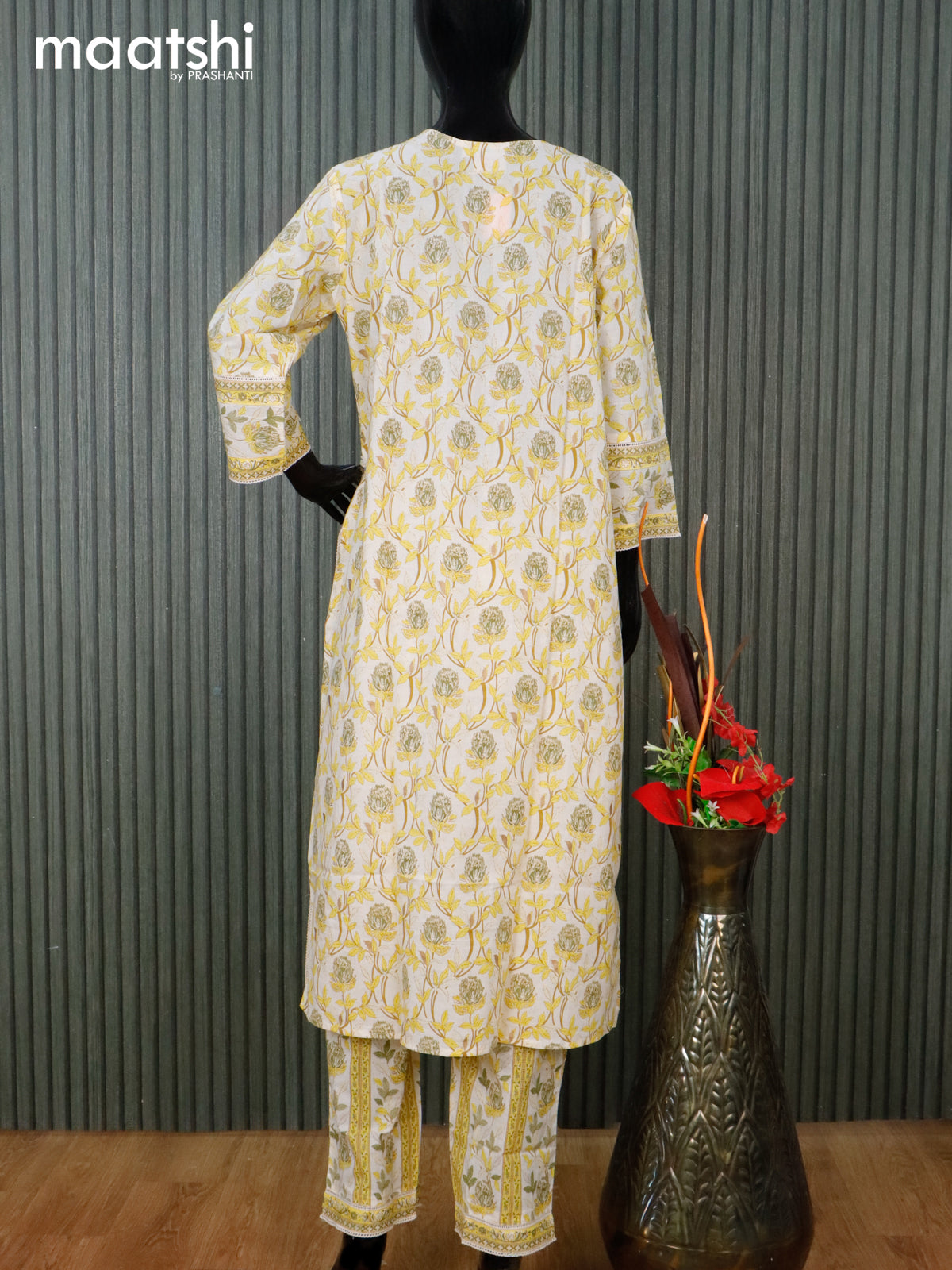 Cotton readymade salwar suit cream and yellow with allover floral prints & v neck pattern and straight cut pant & dupatta