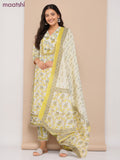 Cotton readymade salwar suit cream and yellow with allover floral prints & v neck pattern and straight cut pant & dupatta