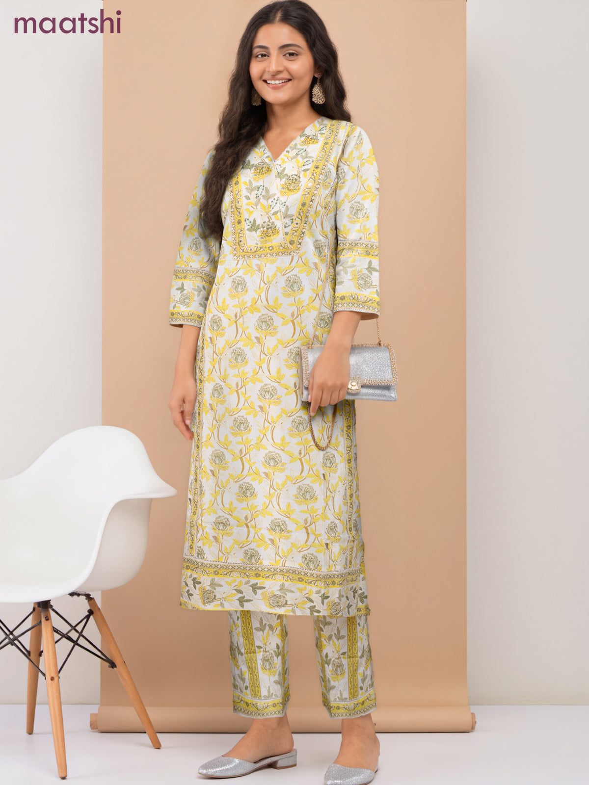 Cotton readymade salwar suit cream and yellow with allover floral prints & v neck pattern and straight cut pant & dupatta