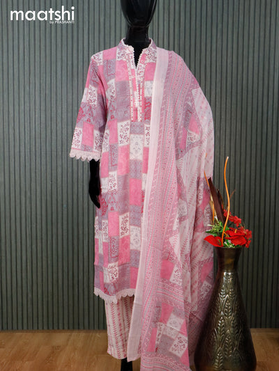Cotton readymade salwar suit pink shade with allover prints & lace work neck pattern and straight cut pant & dupatta