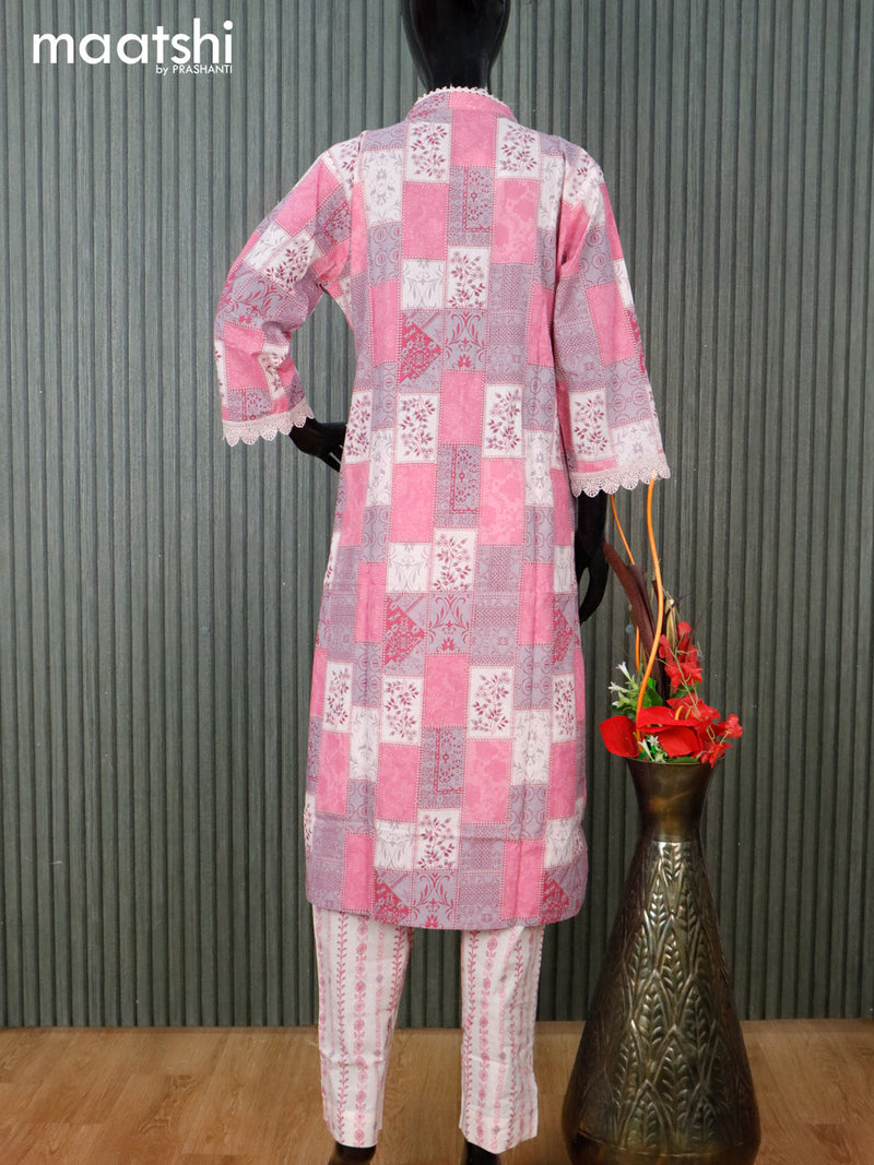 Cotton readymade salwar suit pink shade with allover prints & lace work neck pattern and straight cut pant & dupatta