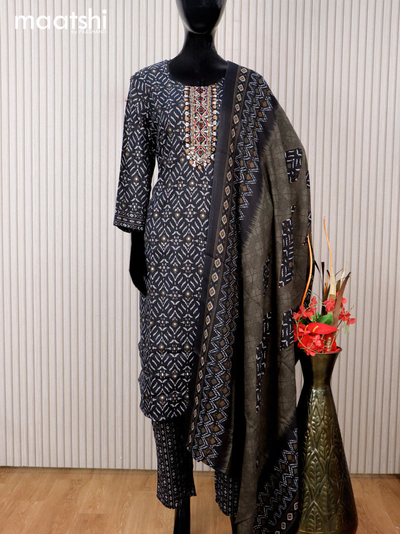 Cotton readymade salwar suit black with allover prints & embroidery mirror work neck pattern and straight cut pant & dupatta
