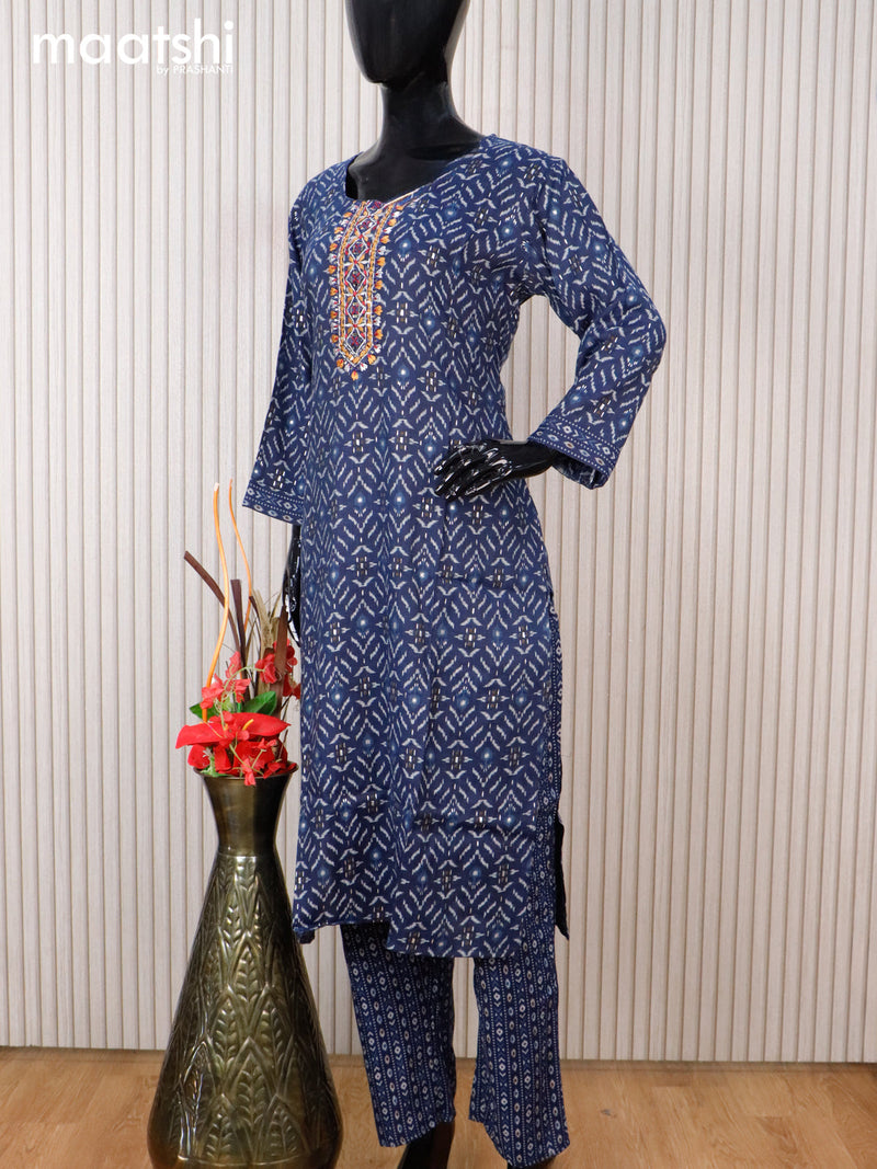 Cotton readymade salwar suit blue with allover prints & embroidery mirror work neck pattern and straight cut pant & dupatta