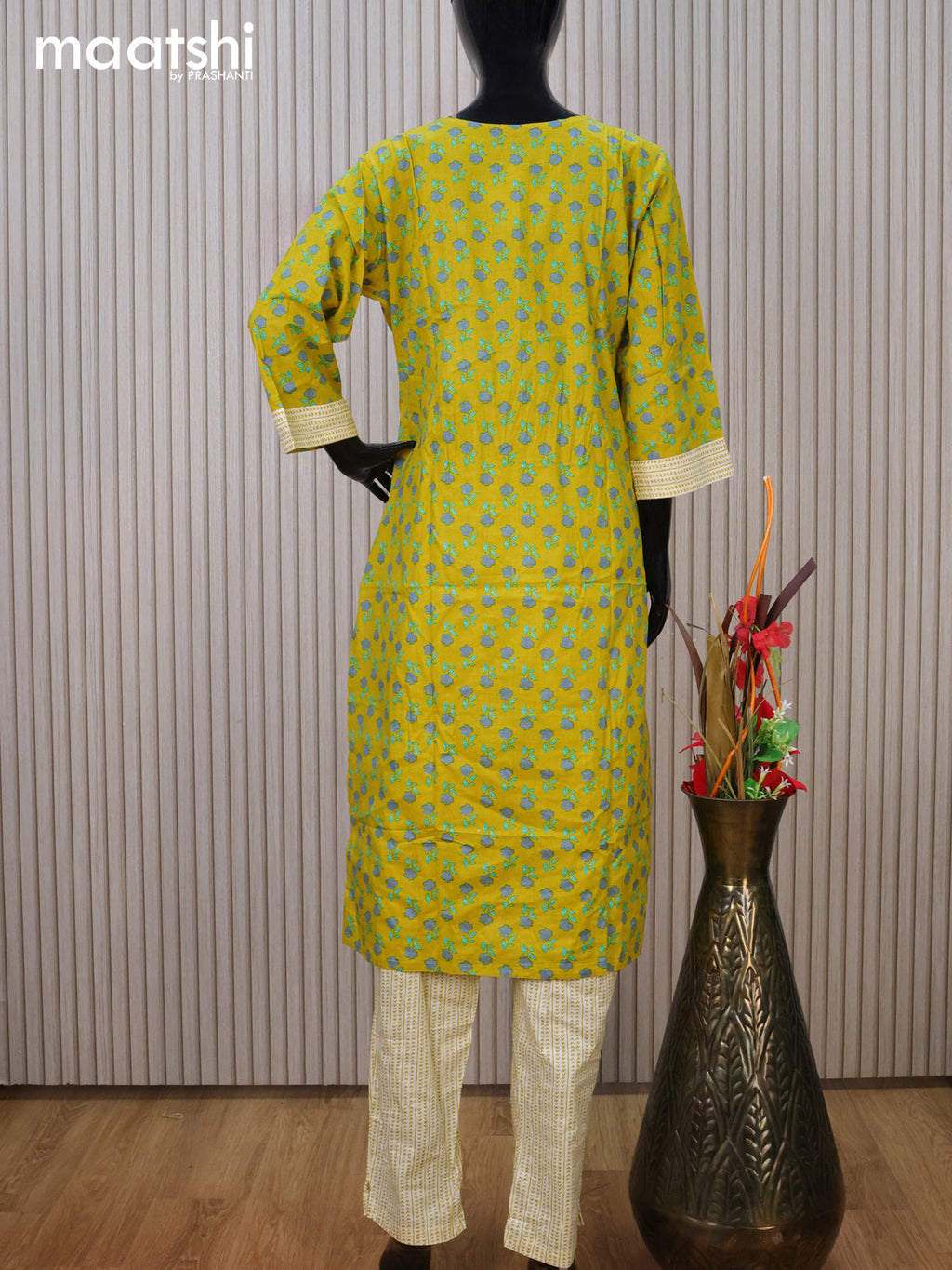 Cotton readymade kurti set lime yellow and off white with allover floral prints & embroidery work neck pattern and straight cut pant