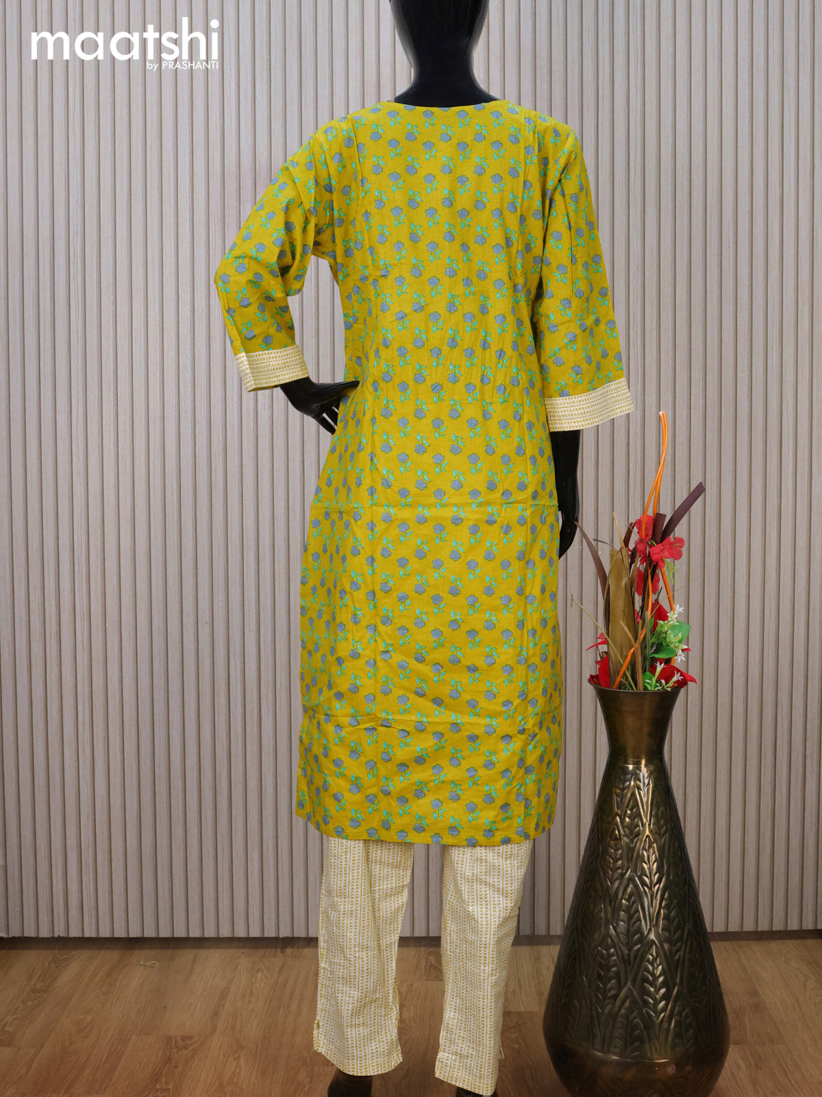 Cotton readymade kurti set lime yellow and off white with allover floral prints & embroidery work neck pattern and straight cut pant