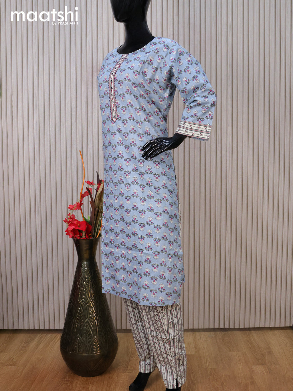 Cotton readymade kurti set pastel blue and off white with allover floral prints & embroidery work neck pattern and straight cut pant