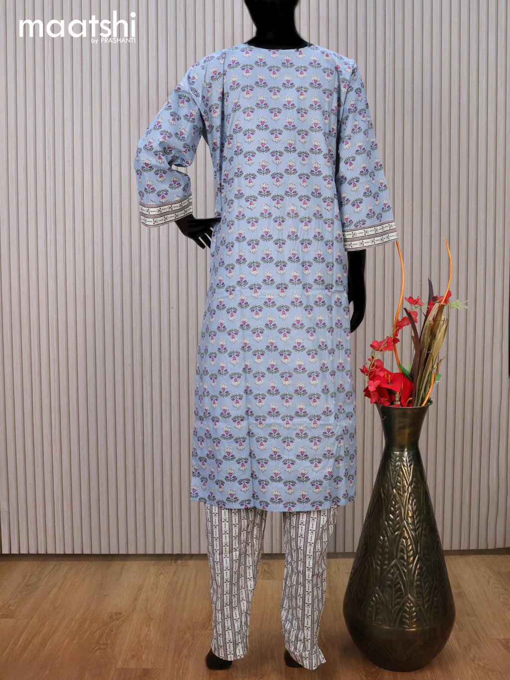 Cotton readymade kurti set pastel blue and off white with allover floral prints & embroidery work neck pattern and straight cut pant
