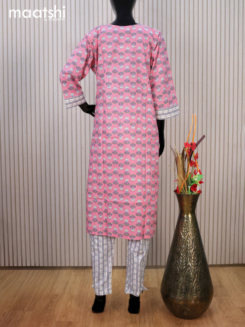 Cotton readymade kurti set pink and off white with allover floral prints & embroidery work neck pattern and straight cut pant