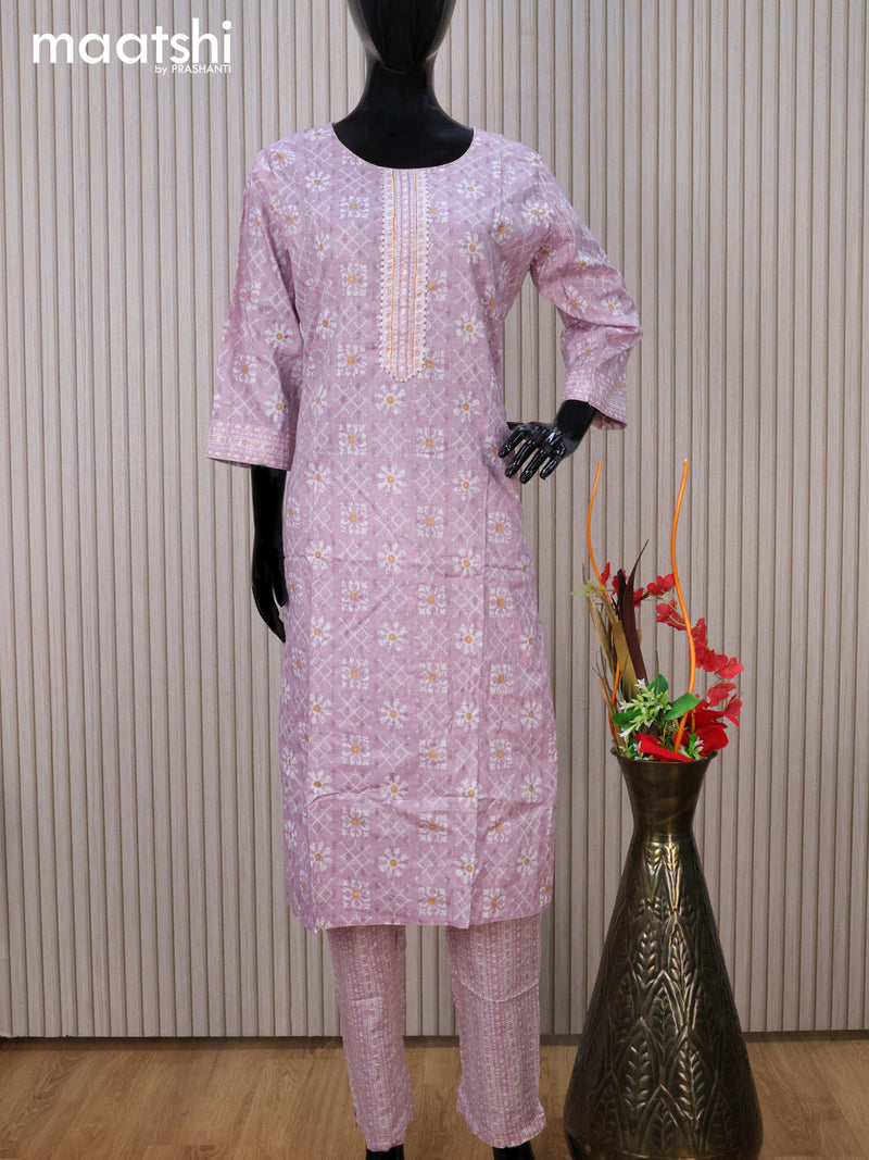Cotton readymade kurti set mild purple and off white with allover prints & embroidery work neck pattern and straight cut pant