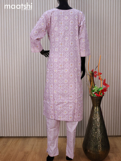 Cotton readymade kurti set mild purple and off white with allover prints & embroidery work neck pattern and straight cut pant
