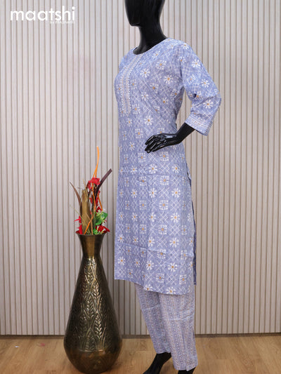 Cotton readymade kurti set greyish blue and off white with allover prints & embroidery work neck pattern and straight cut pant