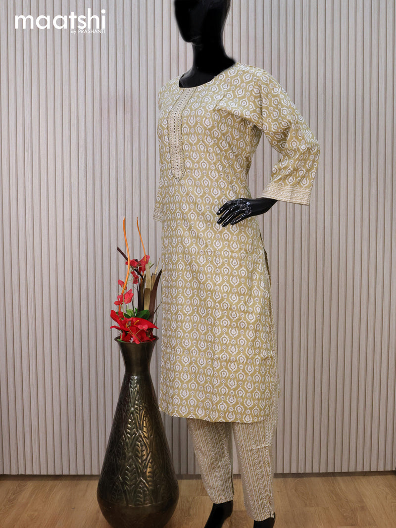Cotton readymade kurti set beige and off white with allover prints & embroidery work neck pattern and straight cut pant