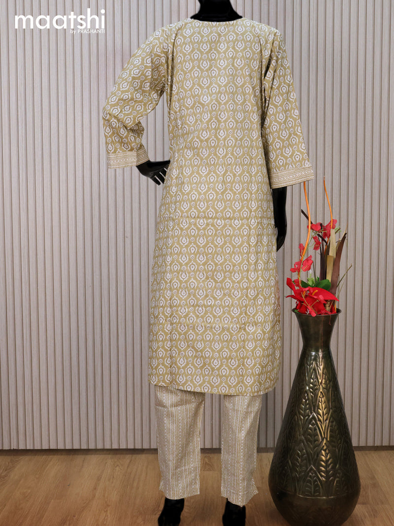 Cotton readymade kurti set beige and off white with allover prints & embroidery work neck pattern and straight cut pant