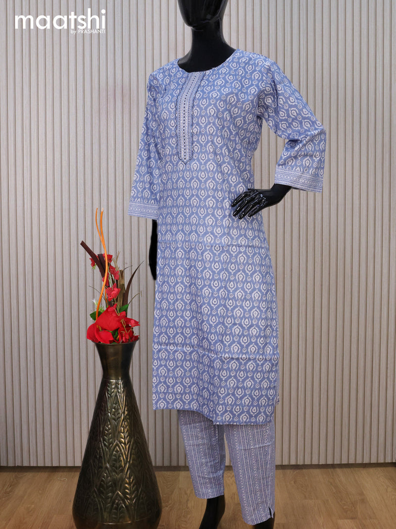 Cotton readymade kurti set blue shade and off white with allover prints & embroidery work neck pattern and straight cut pant