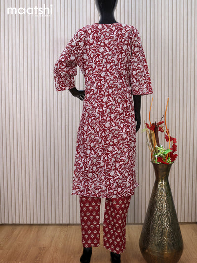 Cotton readymade kurti set maroon with allover floral prints & simple neck pattern and straight cut pant