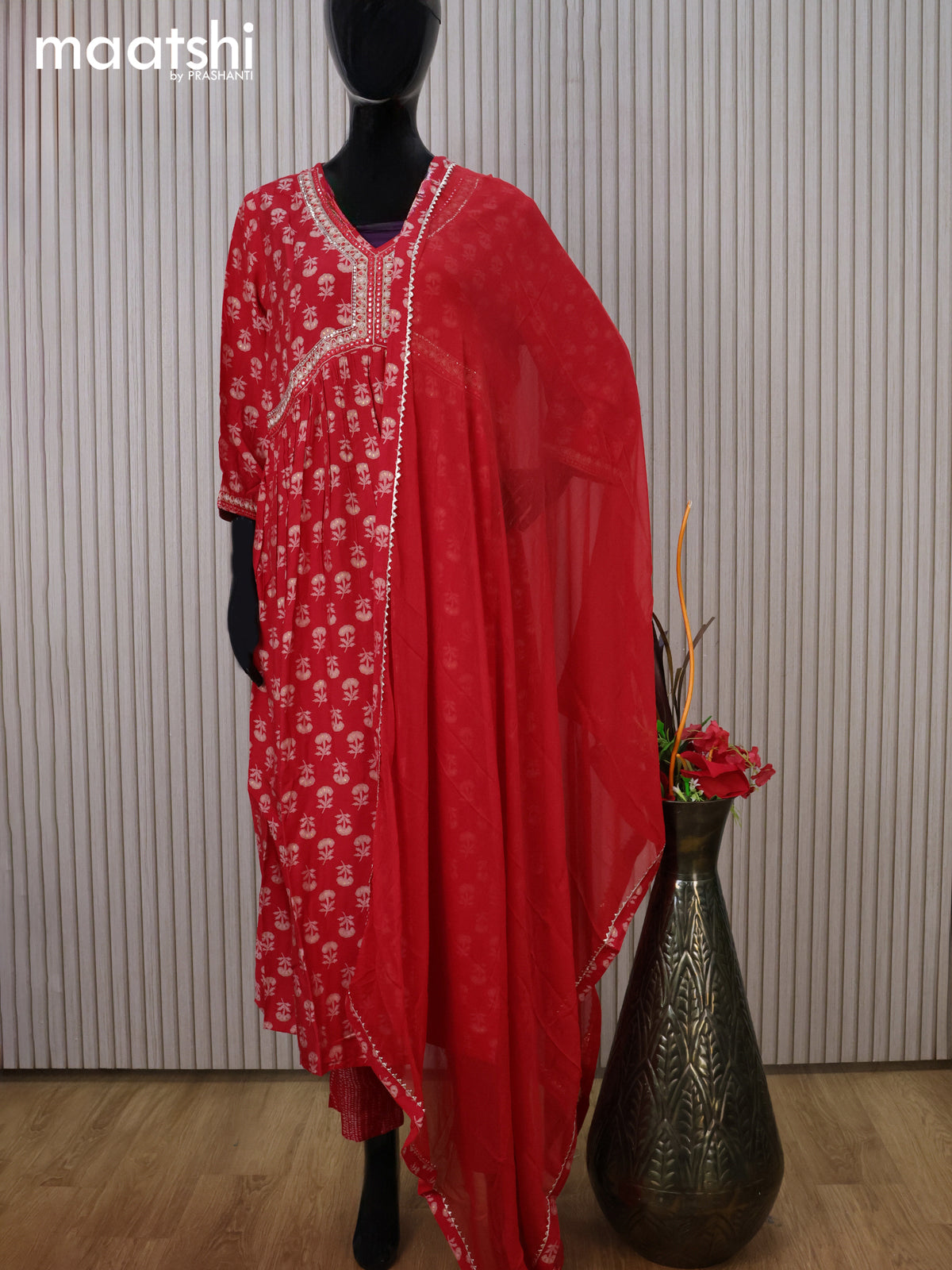 Modal readymade party salwar suit red with allover prints & alia cut beaded work neck pattern and straight cut pant & chiffon dupatta