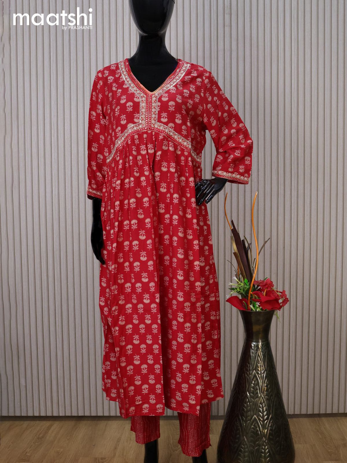 Modal readymade party salwar suit red with allover prints & alia cut beaded work neck pattern and straight cut pant & chiffon dupatta