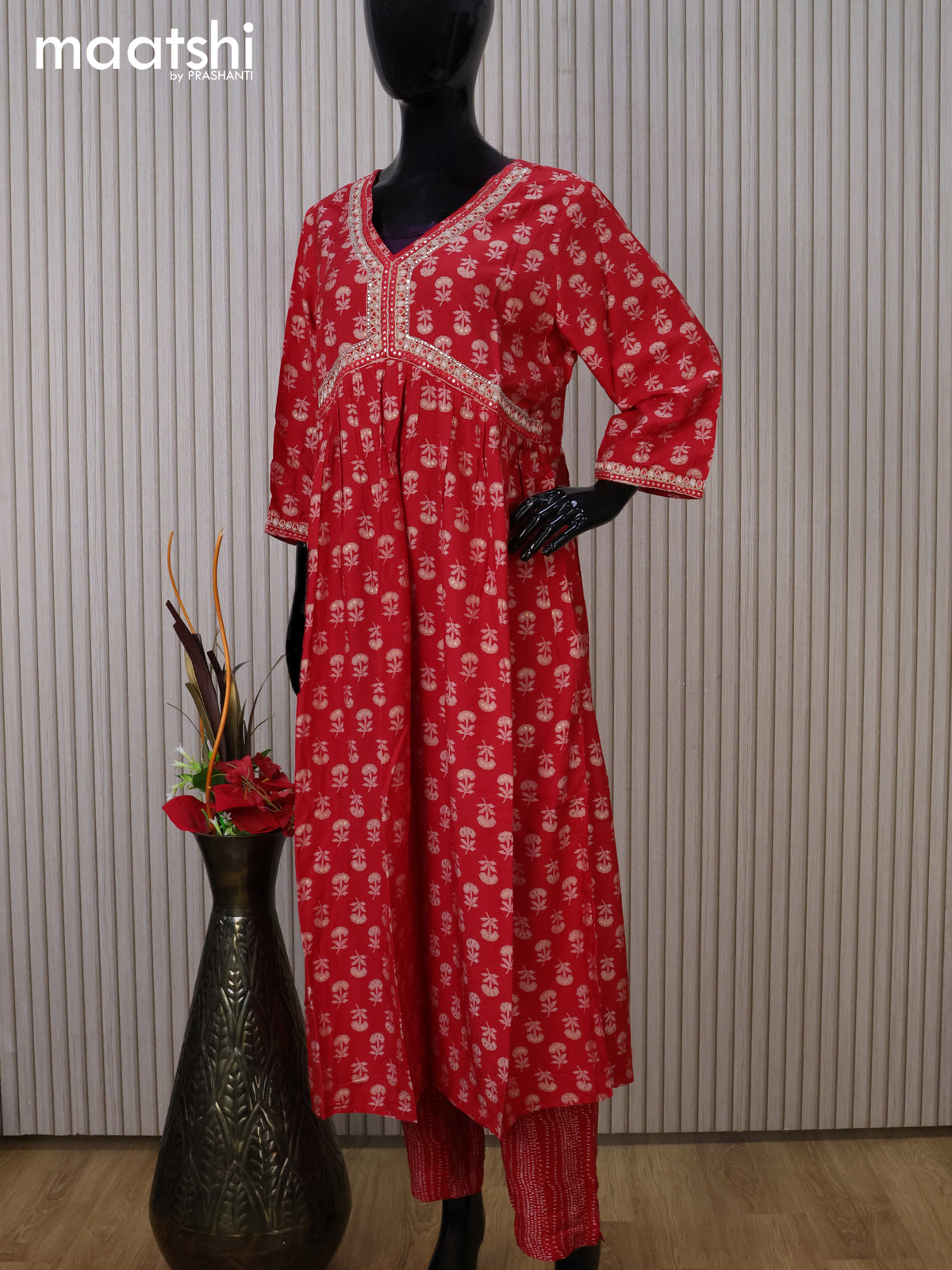 Modal readymade party salwar suit red with allover prints & alia cut beaded work neck pattern and straight cut pant & chiffon dupatta