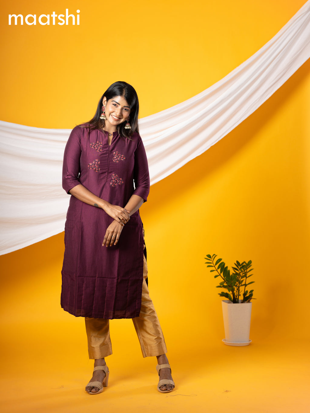 Pure raw silk readymade Festive wear kurti wine shade with embroidery & beaded work without pant