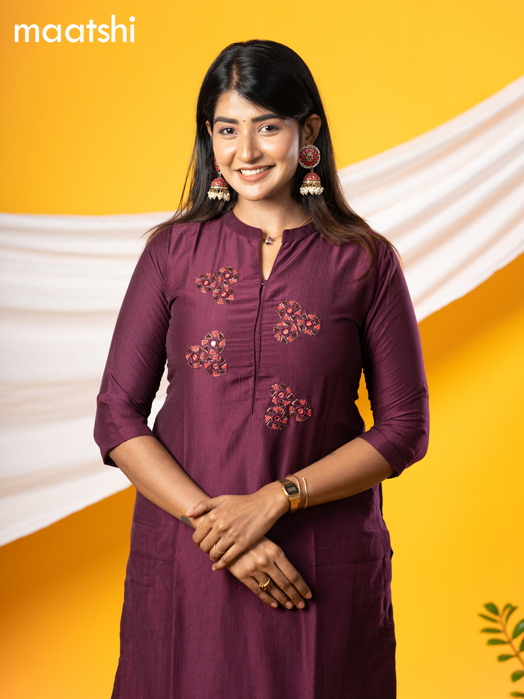 Pure raw silk readymade Festive wear kurti wine shade with embroidery & beaded work without pant