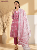 Cotton readymade salwar suit pink and off white with allover ikat prints & embroidery v neck pattern and straight cut pant & kota dupatta