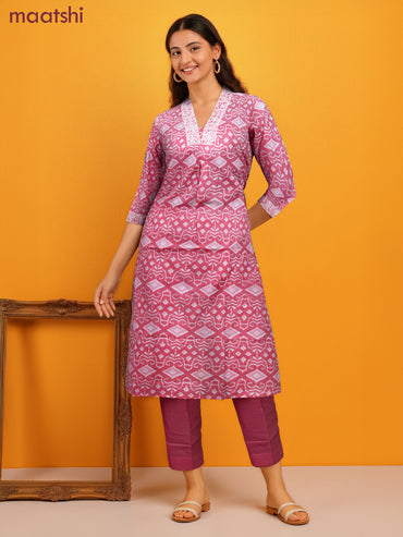 Cotton readymade salwar suit pink and off white with allover ikat prints & embroidery v neck pattern and straight cut pant & kota dupatta