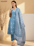 Cotton readymade salwar suit bluish grey and off white with allover ikat prints & embroidery v neck pattern and straight cut pant & kota dupatta