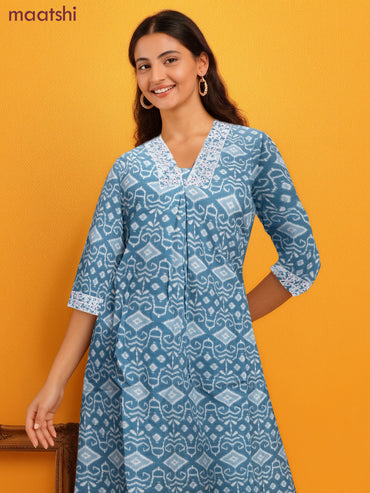 Cotton readymade salwar suit bluish grey and off white with allover ikat prints & embroidery v neck pattern and straight cut pant & kota dupatta