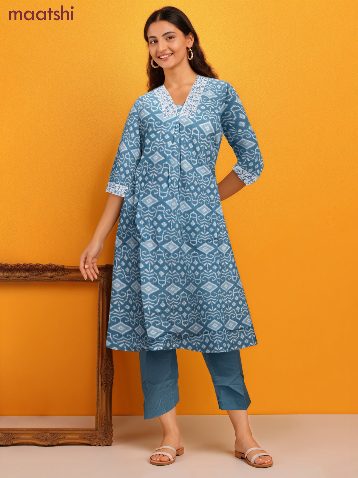 Cotton readymade salwar suit bluish grey and off white with allover ikat prints & embroidery v neck pattern and straight cut pant & kota dupatta