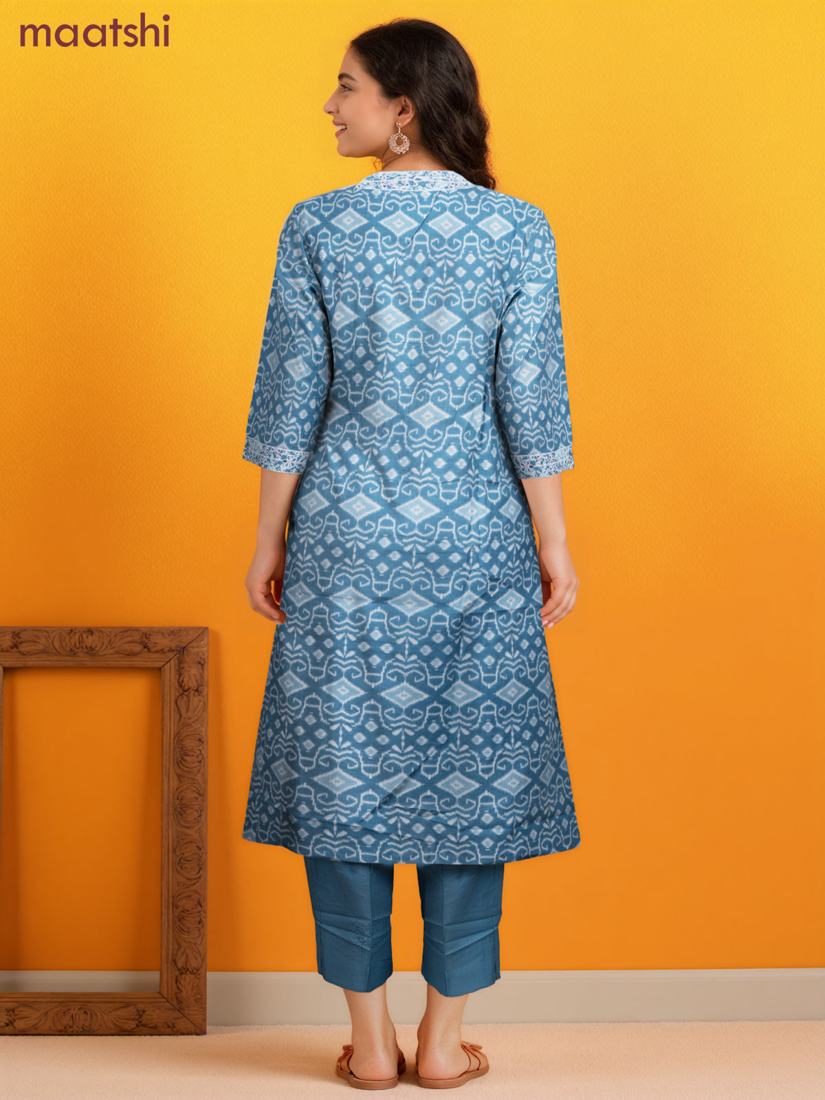 Cotton readymade salwar suit bluish grey and off white with allover ikat prints & embroidery v neck pattern and straight cut pant & kota dupatta