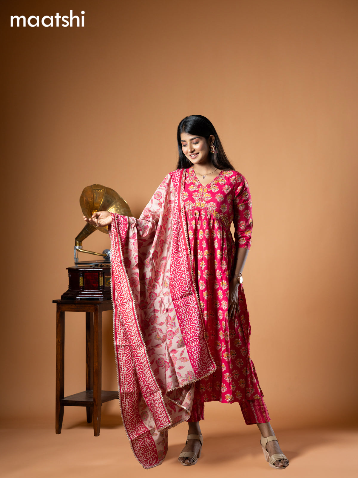 Modal readymade party salwar suit pink with allover prints & alia cut zardosi work neck pattern and straight cut pant & chiffon dupatta