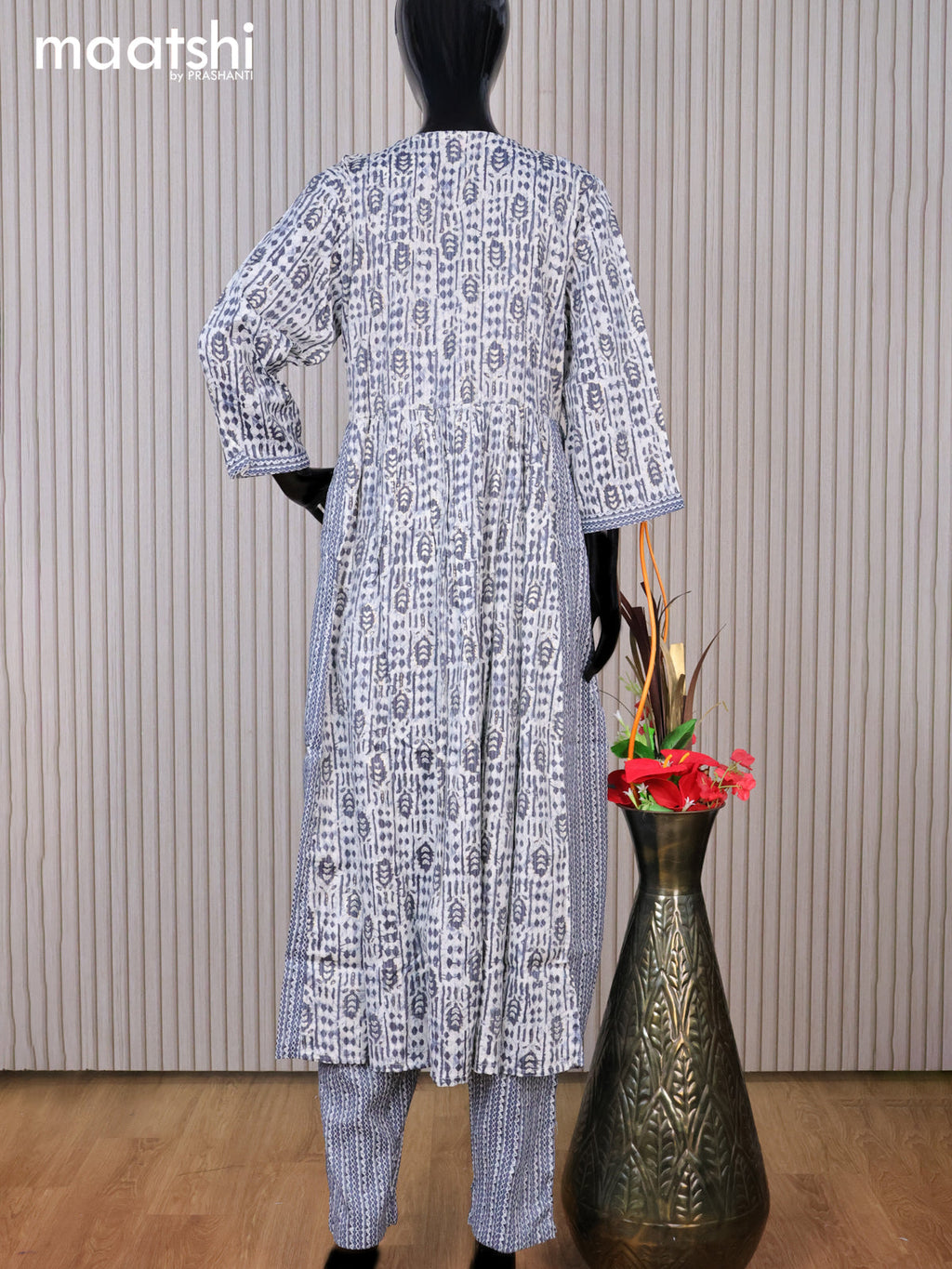 Rayon readymade kurti set off white and black with allover prints & sequin work v neck pattern and straight cut pant