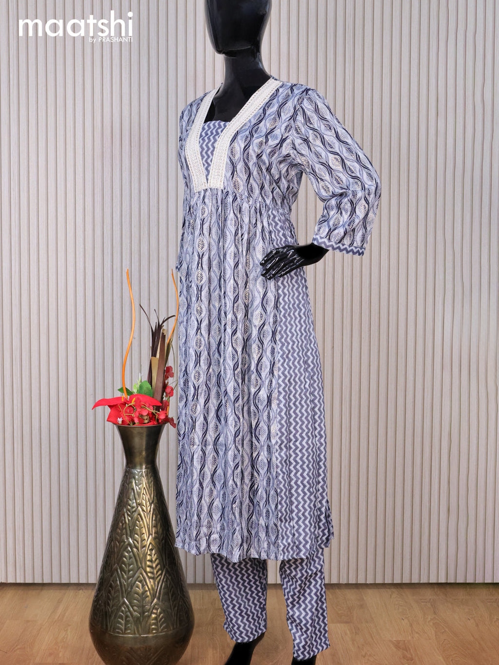 Rayon readymade kurti set navy blue with allover prints & sequin work v neck pattern and straight cut pant