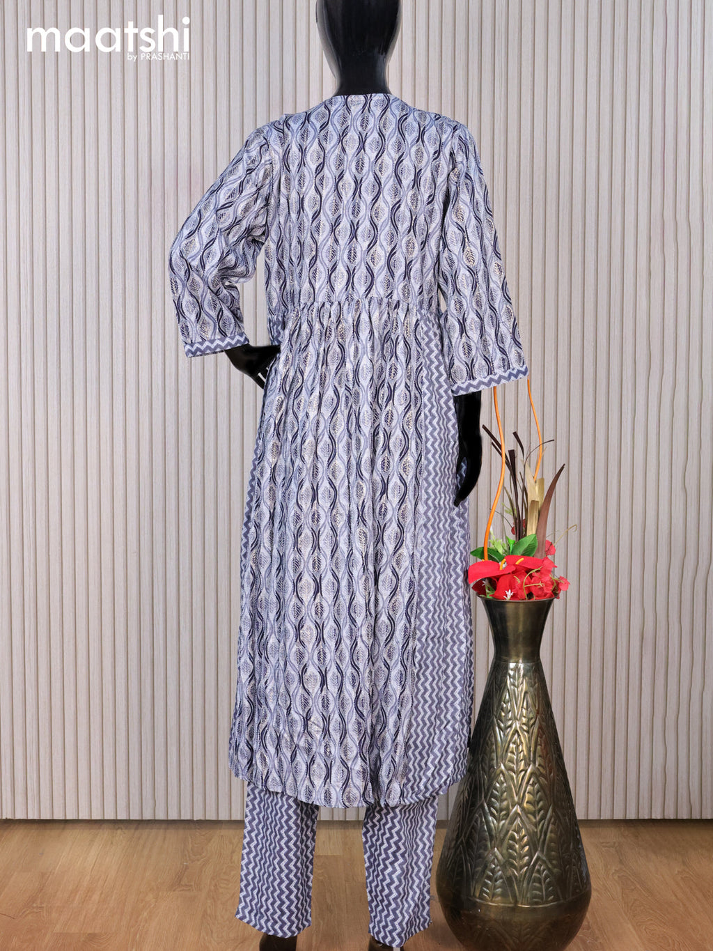 Rayon readymade kurti set navy blue with allover prints & sequin work v neck pattern and straight cut pant