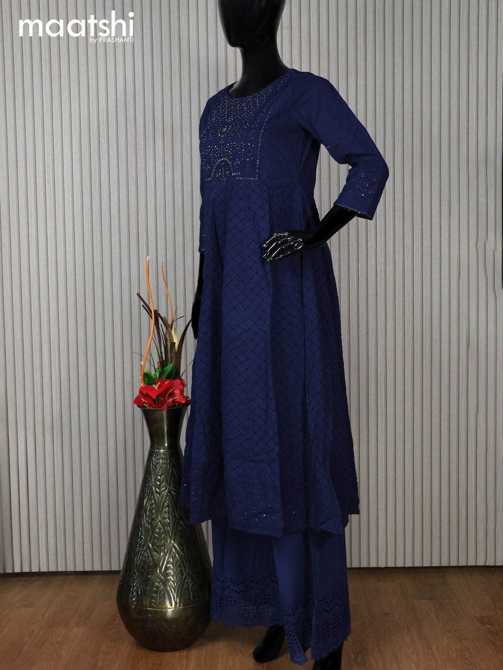 Cotton readymade anarkali salwar suit dark blue with hakoba work & beaded work neck pattern and palazzo pant & dupatta