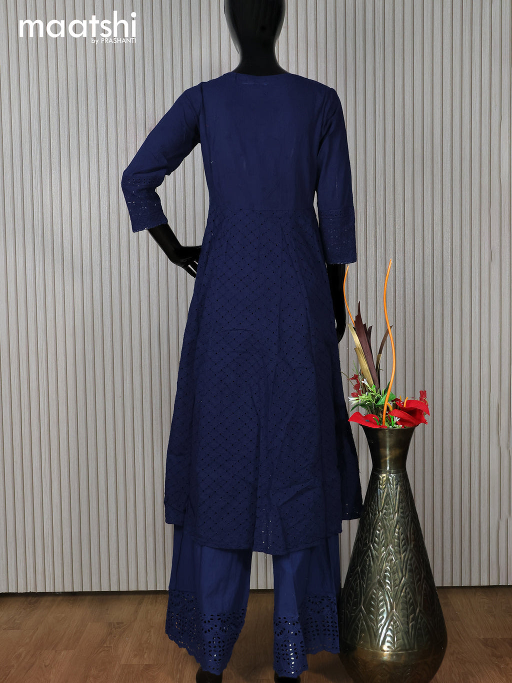 Cotton readymade anarkali salwar suit dark blue with hakoba work & beaded work neck pattern and palazzo pant & dupatta