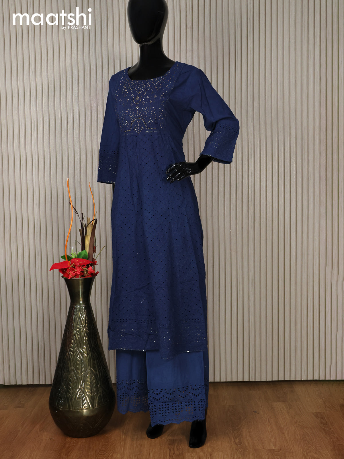 Cotton readymade anarkali salwar suit dark blue with hakoba work & beaded work neck pattern and palazzo pant & dupatta