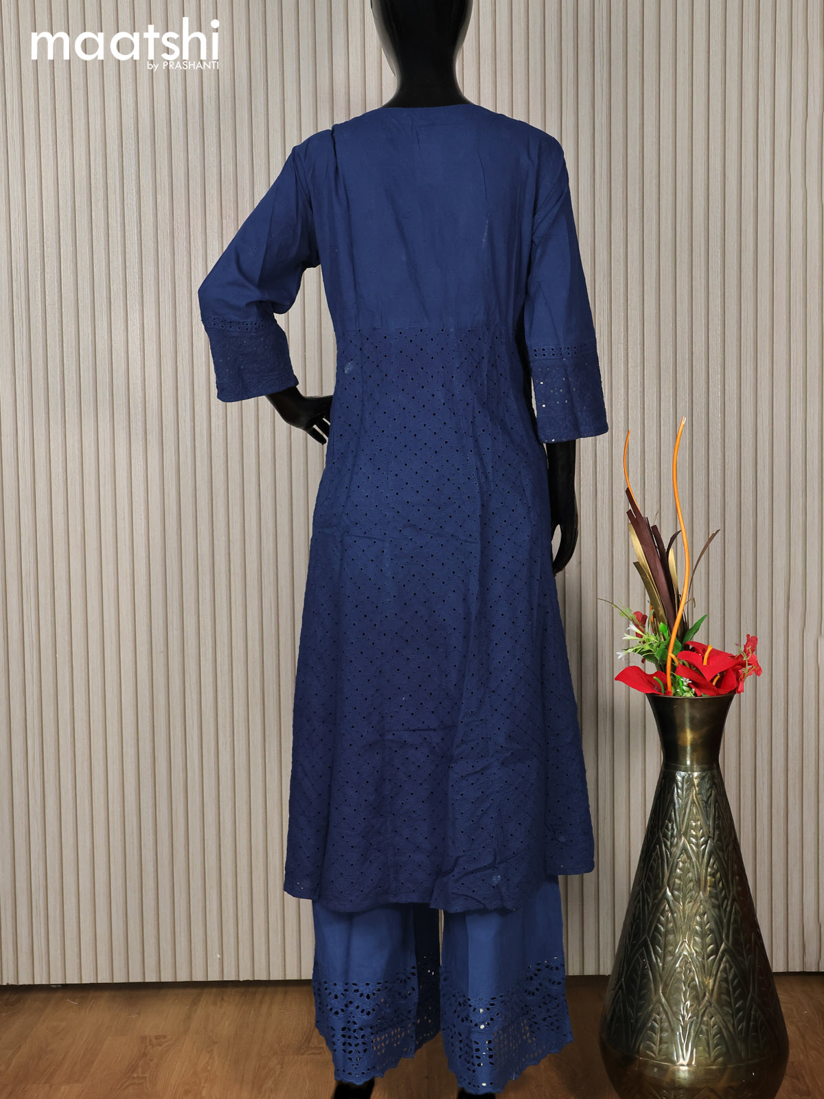 Cotton readymade anarkali salwar suit dark blue with hakoba work & beaded work neck pattern and palazzo pant & dupatta