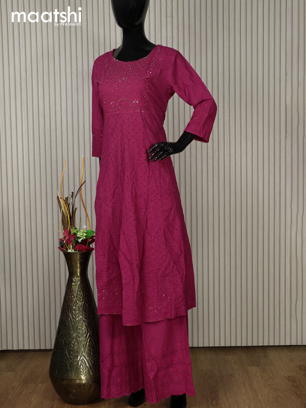 Cotton readymade anarkali salwar suit pink with hakoba work & beaded work neck pattern and palazzo pant & dupatta