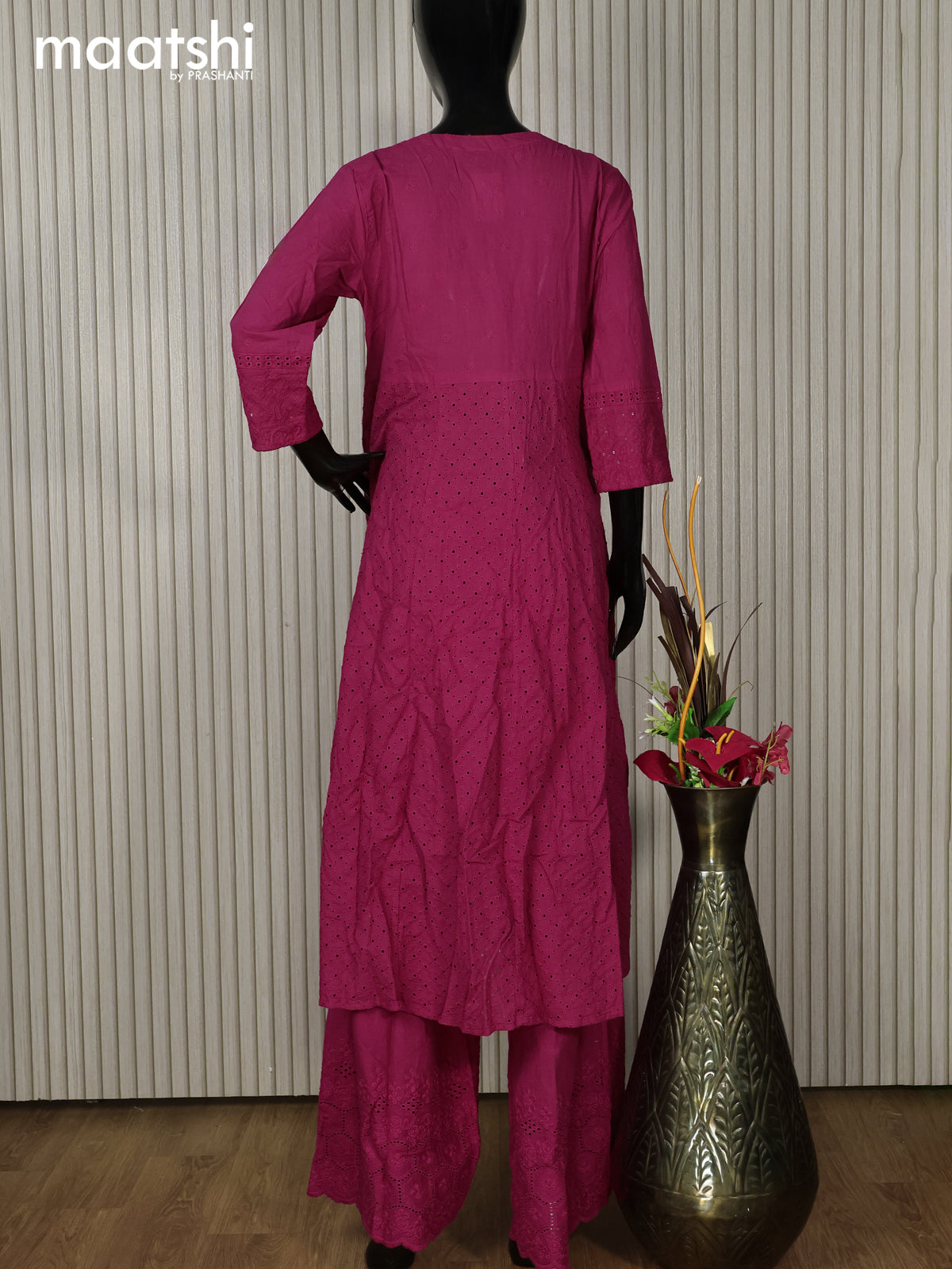 Cotton readymade anarkali salwar suit pink with hakoba work & beaded work neck pattern and palazzo pant & dupatta