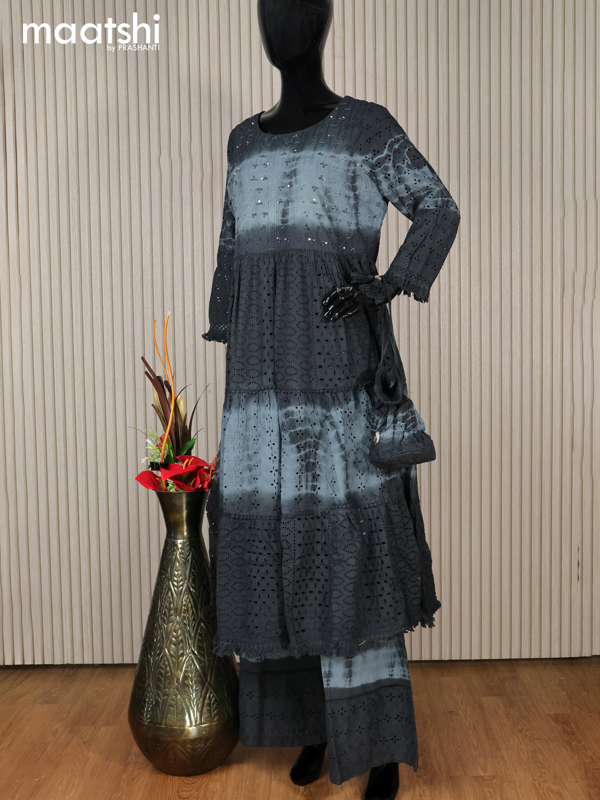 Cotton readymade tie & dye anarkali salwar suit grey with hakoba work & palazzo pant and dupatta