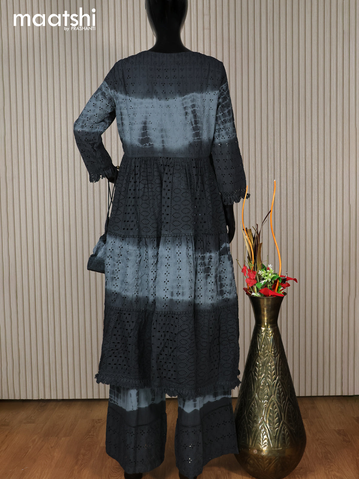 Cotton readymade tie & dye anarkali salwar suit grey with hakoba work & palazzo pant and dupatta